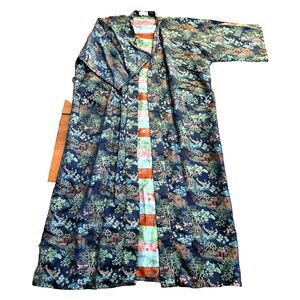 DOUBLE PEACH Vintage Silk Kimono Robe Belted Asian Jacquard Black Floral L
